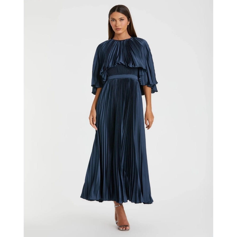 NWT Mac Duggal 49638 Midnight Blue Pleated Capelet Tea-length Dress Sz 14 - $498